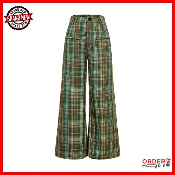 Pants - High Waisted Wide Leg Plaid Pants with Pockets Casual Vintage Trousers